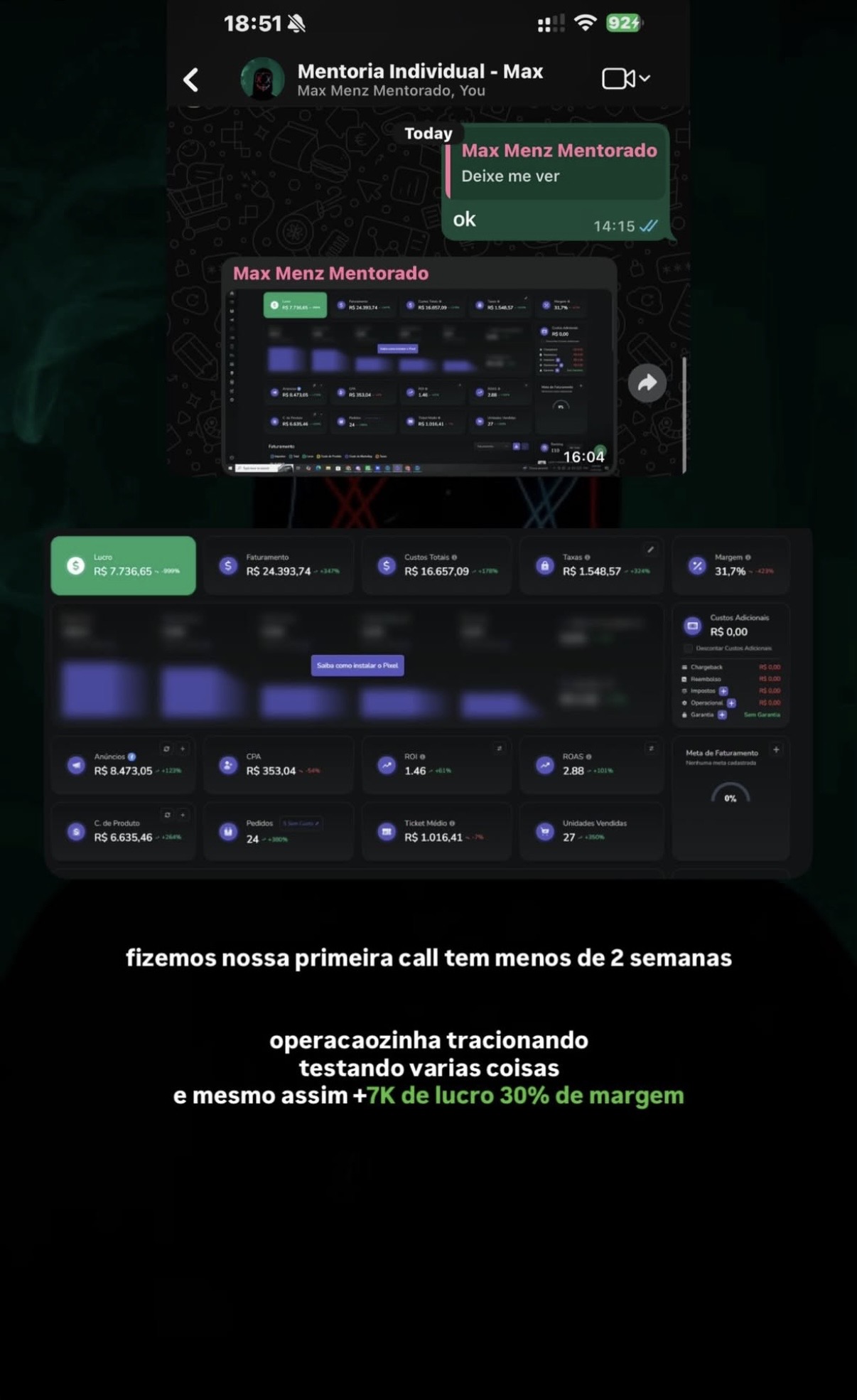 Aluno com mais de 7 mil de lucro e 30% de margem na primeira quinzena de mentoria