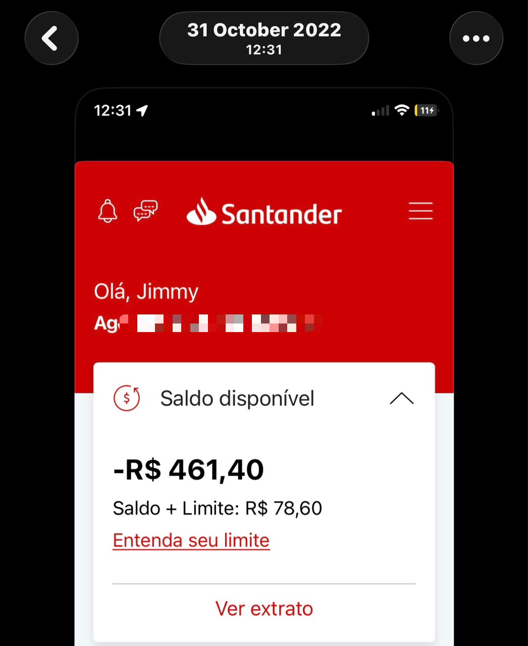 Captura do aplicativo bancário mostrando saldo negativo em 31 de outubro de 2022